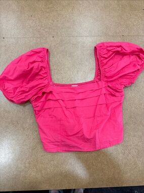 Sim & Sam Square Neck Puff Sleeve Crop Top in Hot Pink • Back Rouching • Size L